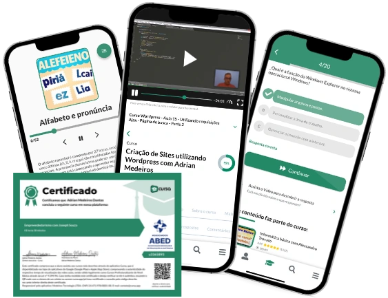Aplicación Cursa en la pantalla del libro electrónico, la pantalla del curso en video y la pantalla de ejercicios del curso, además del certificado de finalización del curso.